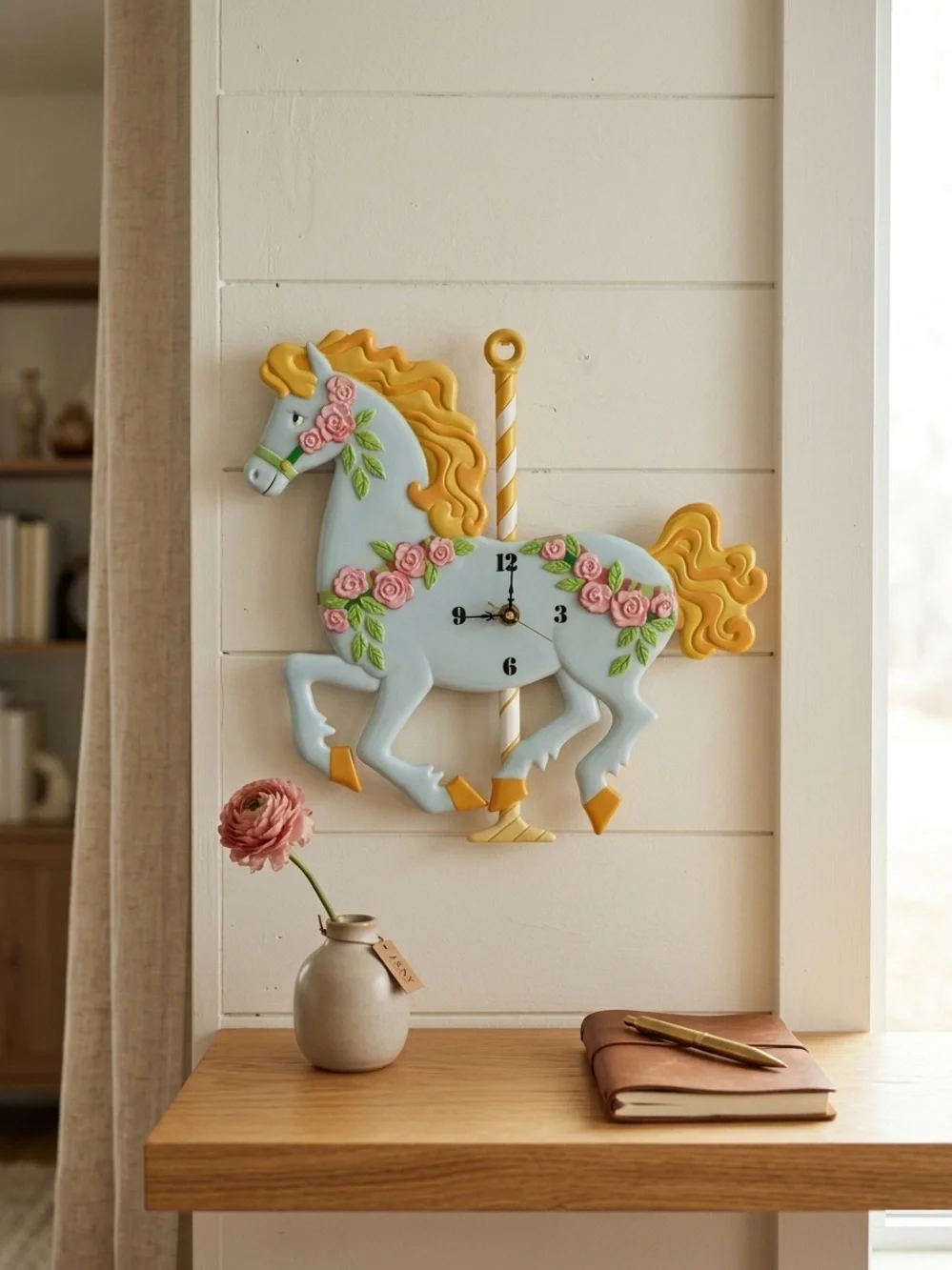 Vintage J.S.N.Y. Plastic Carousel Horse Wall Clock Retro Nursery Decor